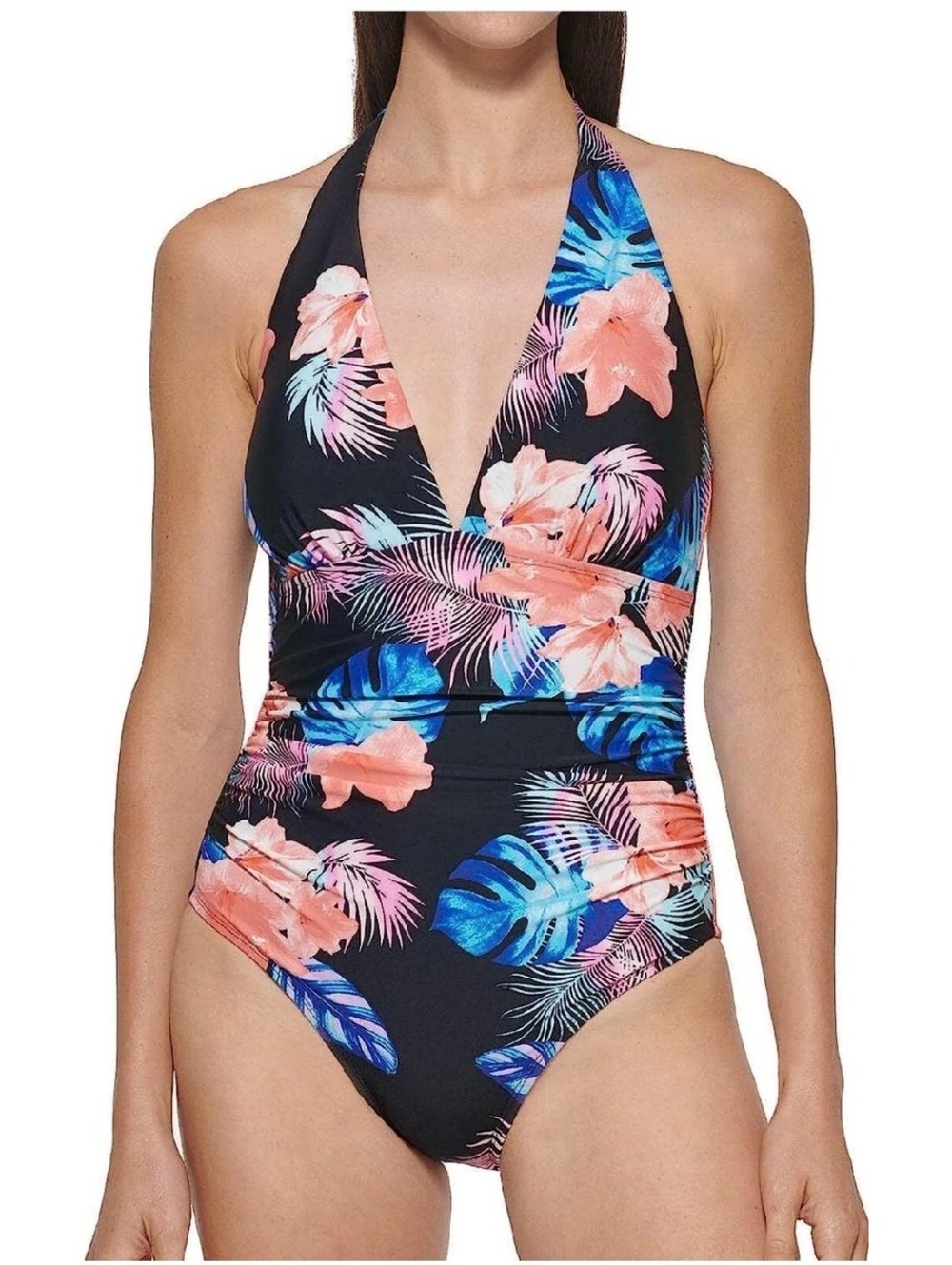 DKNY Tropical Floral Shirred One-Piece Halter Swimsuit Size Xl